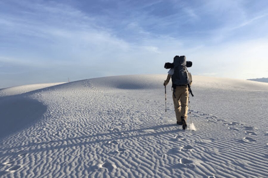 A man, winter, outdoors, trekking, backpack