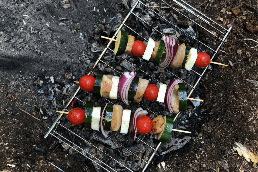 skewers on the fire on the grill