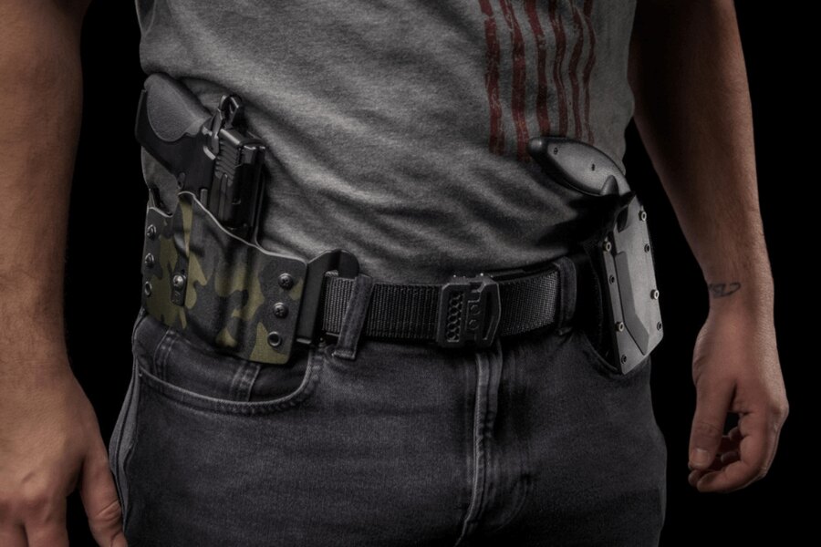 A Kore belt with an OWB holster for carrying a weapon