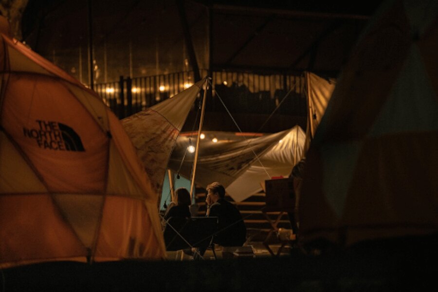 tents in a camp at night