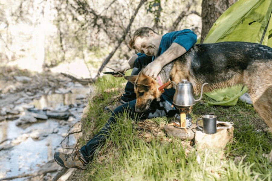 A man camping with a dog by the water. Source: https://www.pexels.com/cs-cz/foto/krajina-hory-priroda-muz-7348933/