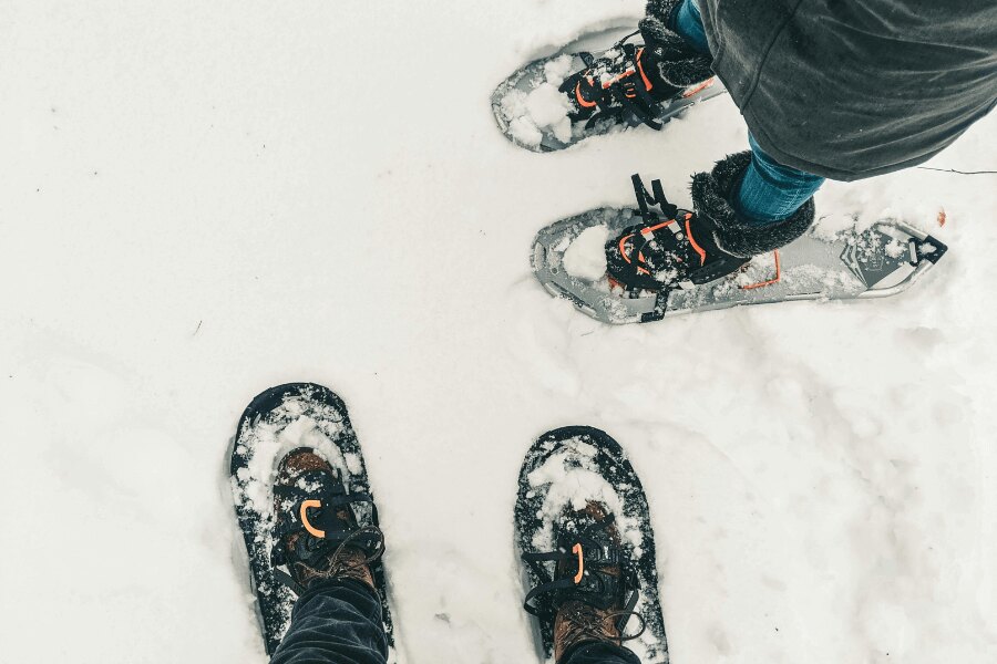 Two pairs of legs snowshoes. Source: https://www.pexels.com/cs-cz/foto/ryma-studeny-snih-lide-10772331/