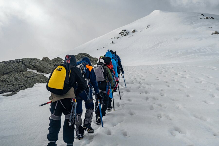 A rope team in the winter. Source: https://www.pexels.com/cs-cz/foto/ryma-studeny-lide-pesi-turistika-10254837/