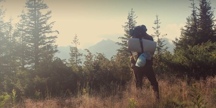 A man standing in nature with a backpack looking at the mountains